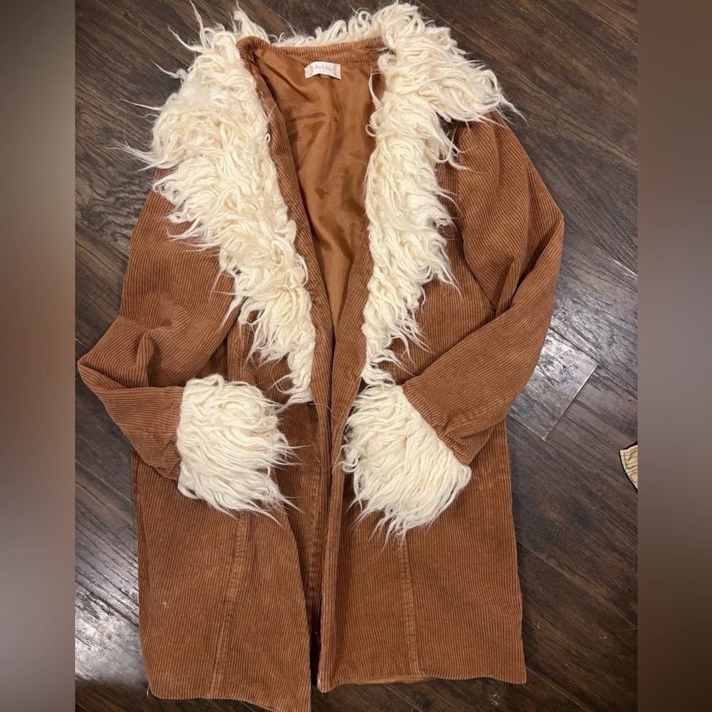 Altard State Brown Corduroy Coat with Cream Faux Fur Trim